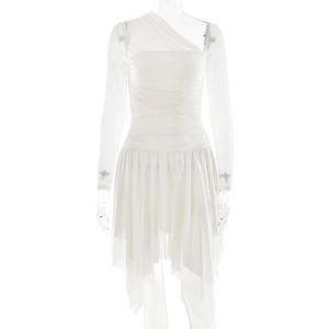 Elegant white long sleeve mesh dress with pleated texture and asymmetrical hemline design