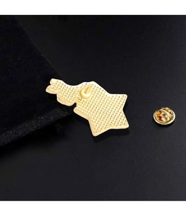 Macro detail of star-shaped gold metal brooch back with secure butterfly clutch closure
