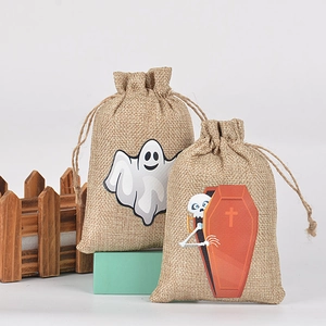 Halloween burlap gift bags with ghost and coffin skull prints for candy packaging