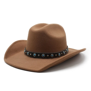 Classic camel brown felt cowboy hat with ethnic turquoise and gold rivet decorative band
