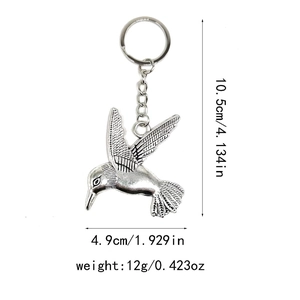 Detailed view of hummingbird keychain with exact dimensions of 10.5cm and 12g weight