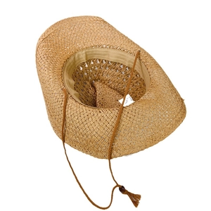 Hollow straw cowboy sun hat with adjustable drawstring and tassel details in tan
