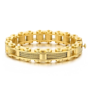 Men's gold steel motorcycle chain bracelet with industrial woven wire core detail