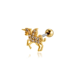 Detail of a gold unicorn cartilage earring with sparkling crystals and a ball screw back
