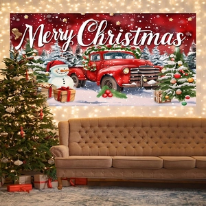 Christmas backdrop with red truck, snowman, and Xmas tree for festive party wall decor