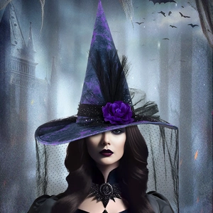 Chapeau De Sorcière Halloween Avec Rose Violette Plume Noire Voile En Maille À Pois Accessoire Costume Gothique Baroque Femmes