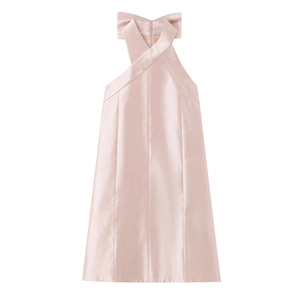 Robe Mini En Satin À Dos Nu Rose Sans Manches Nœud À L'Arrière Ligne A Fête Été Slim Fit Femmes