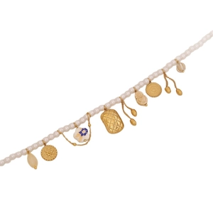 Baroque faux pearl necklace featuring gold heart and floral pendants on white background