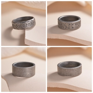 Bague Viking pour hommes en acier inoxydable argenté vieilli avec gravure de runes