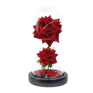 Preserved red roses in glass dome with LED lights on black wooden base gift