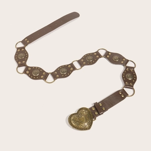 Vintage brown PU leather belt with heart buckle and metallic studs in S-shape layout