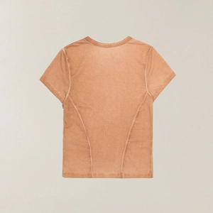 Detailed back view of slim fit sports tee with curved decorative stitching and suede texture