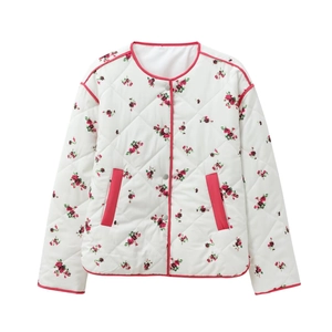 Quilted cotton jacket in white with red floral prints and pink trim borders for women