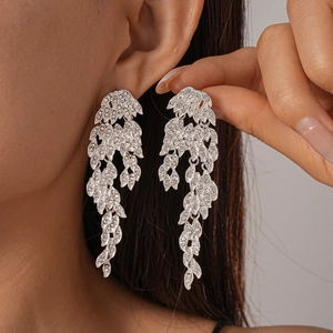 Alloy Rhinestone Leaf Dangle Earrings With 925 Sterling Silver Earring Post Long Tassel Vintage Luxury Wedding For Women