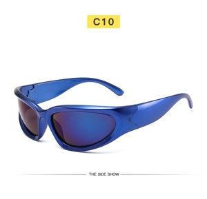 Detail view of metallic blue steampunk sunglasses with sleek wraparound sports frame design