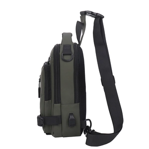 Army green waterproof sling bag for men featuring a side USB port and breathable mesh back