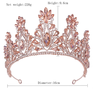 Rose gold bridal crown with champagne crystals, size details 9.6cm height and 16cm diameter
