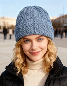 Close-up of light blue cable knit beanie showing thick soft texture and ribbed cuff detail