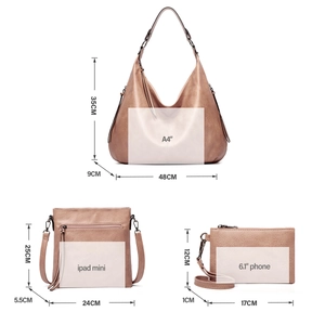 Three-piece tote bag set dimensions and capacity guide for A4, iPad, and smartphone