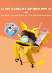 Internal view of yellow toddler bee backpack showing large storage capacity for water bottles