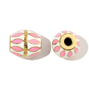 Detail view of pink and white enamel beads with gold trim and thread holes for DIY jewelry
