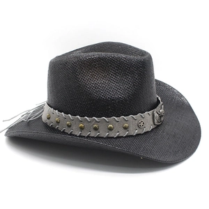 Detail of black western straw hat with bull head buckle and metallic star studs