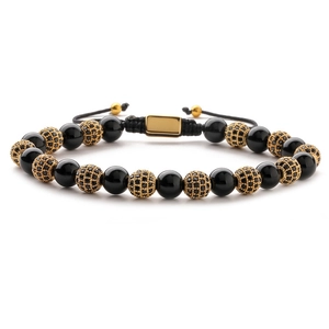 Bracelet ajustable de 8mm avec couronne dorée, boules en zircone et cordon noir tressé