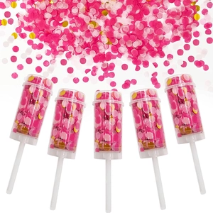 Five round pink and gold confetti push poppers for wedding and party celebration decor
