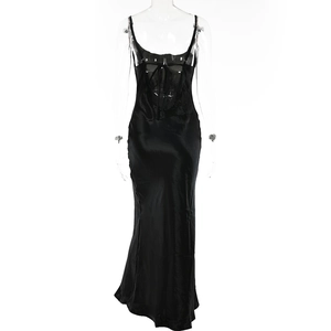 Detail view of elegant black satin long dress featuring delicate lace back and lace-up design