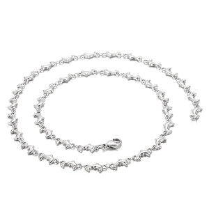 Silver dolphin link chain necklace in stainless steel with lobster clasp on white background