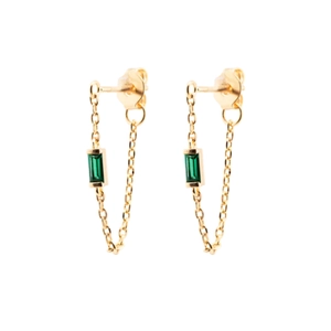 Detailed view of S925 silver gold chain earrings featuring emerald green rectangular gemstones