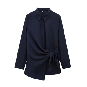 Dark blue long sleeve poplin shirt with waist twist knot and asymmetric hem for women