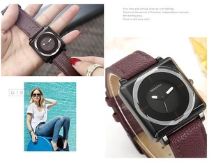 Detail view of a REBIRTH square quartz watch with burgundy leather strap and black dial