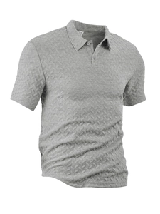 Close-up of grey men's polo shirt showing premium breathable herringbone texture fabric