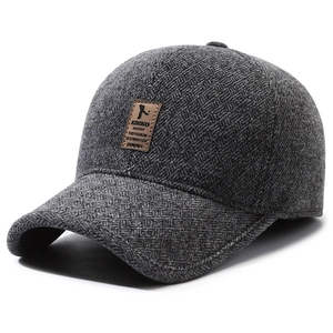 Deep grey winter baseball cap for elderly men with warm earflaps and leather logo patch