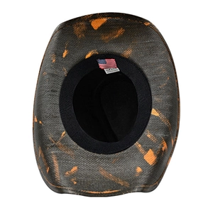 Internal view of the woven cowboy hat featuring an American flag label and black sweatband