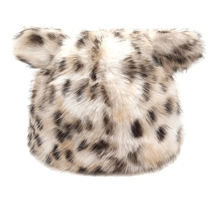Leopard print plush bucket hat for women with cute animal ears and soft faux fur texture