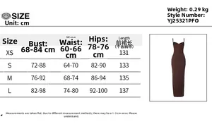 Detailed size chart for bodycon slip dress with measurements and brown dress image