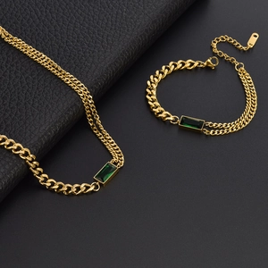 Stainless Steel Jewelry Set Vintage Double Layer Necklace And Bracelet With Green Rectangular Gemstone Elegant Women