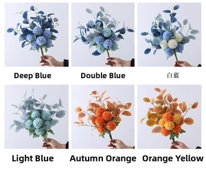 Detailed view of artificial chrysanthemum and eucalyptus bouquet in six vibrant color options