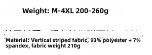 Size chart and fabric specs for vertical striped sports T-shirt: 93% Polyester, 7% Spandex