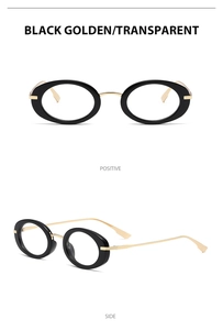 Front and side views of Y2K oval metal sunglasses with black frames and gold temples
