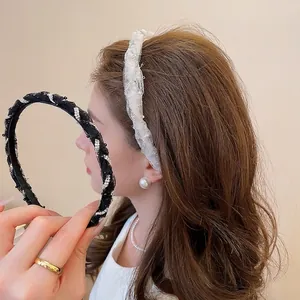 Elegant Mesh Wrapped Headband With Rhinestones And Faux Artificial Pearls French Style Non-Slip Hair Hoop Ornament For Women