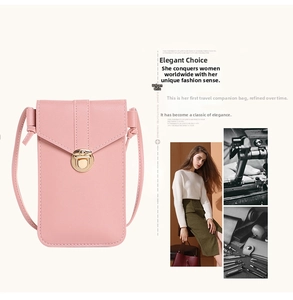 Detail of pink PU leather phone bag with gold metal buckle and white stitching