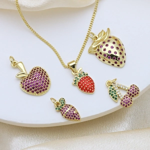 Fruit Pendant Necklace Copper Zircon Inlaid Gold Plated Jewelry Apple Strawberry Cherry For Women