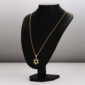 Golden stainless steel necklace with hollow Star of David pendant on display stand