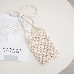 Minimalist cream white macrame handmade woven crossbody bag for cell phone with strap
