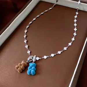 Collier Pendentif Ours En Peluche Flocage Chaîne Coeur Cuivre Strass Bijoux Animaux Mignons Pour Femmes
