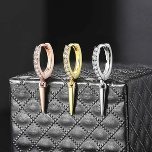 Three colors of gold-plated cone drop earrings with sparkling cubic zirconia hoop accents