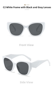 Detail view of white polygon cat eye sunglasses showing geometric temples and grey lenses